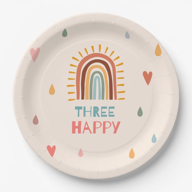 Boho drei dritter Geburtstag Rainbow Pappteller (Vorderseite)