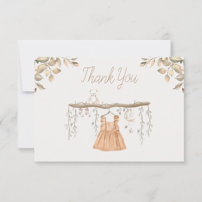 Boho Dress Girl Clothes Bear Baby Dusche Dankeskarte (Vorderseite)