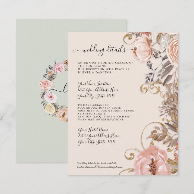 Boho Dried Floral Blush Rose Gold Wedding Details Einladung (Vorne/Hinten)