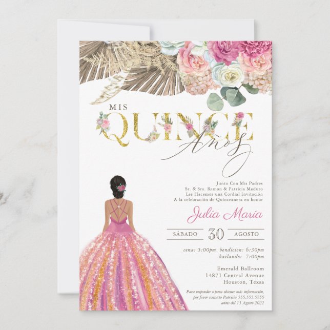 Boho Dried Floral Spanish Mis Quince Anos Birthday Einladung (Vorderseite)