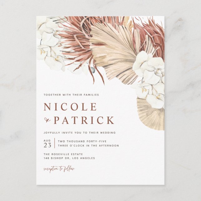 Boho Dried Palm Blätter und Orchideen Hochzeit Einladungspostkarte (Vorderseite)