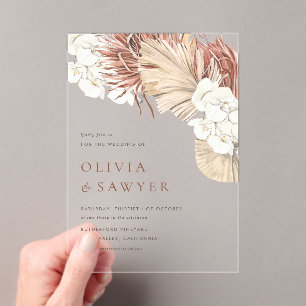 Boho Dried Palm Blätter und White Orchids Hochzeit Acryleinladungen