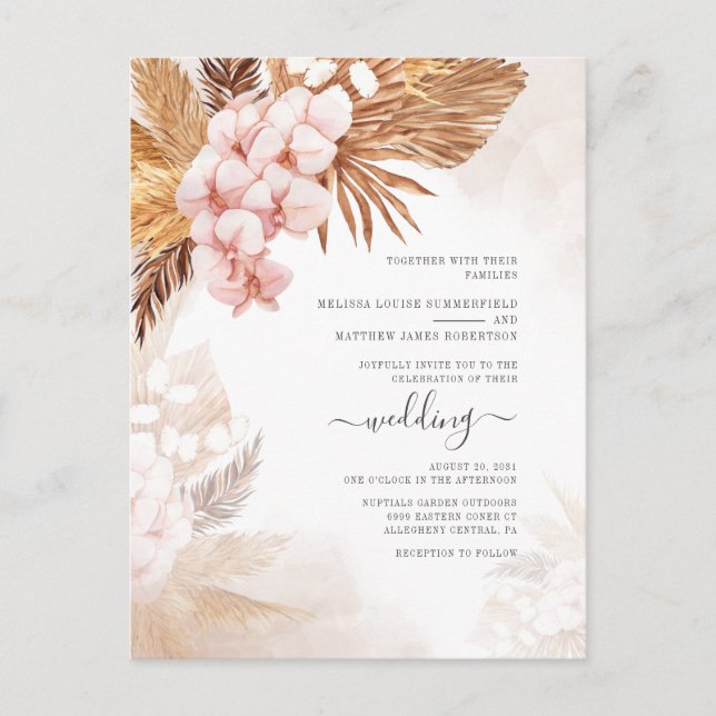 Boho Drives Palms Pampas Grass Terracotta Wedding Einladungspostkarte (Vorderseite)
