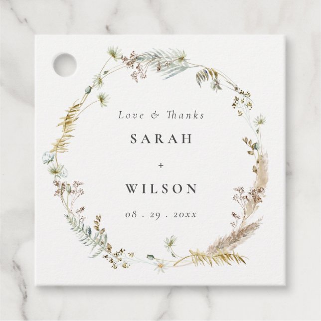 Boho Dry Palm Pampas Grass Floral Wreath Wedding Geschenkanhänger (Vorderseite)