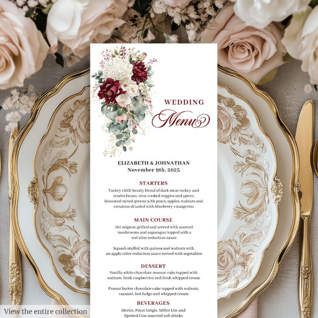Boho dunkelrote Goldmedaille Blumenkarte Menükarte (Boho dark red white gold floral wedding menu card

)