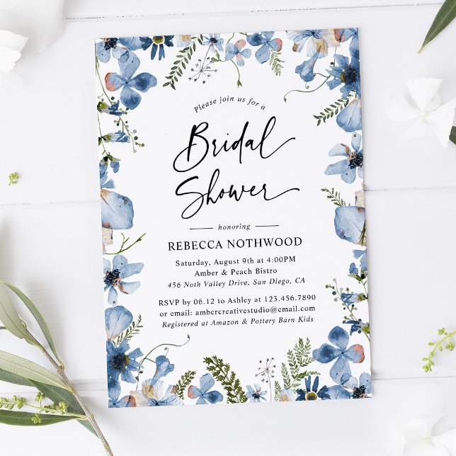 Boho Dusky Blue Florals Botanisches Brautparty Einladung (Von Creator hochgeladen)