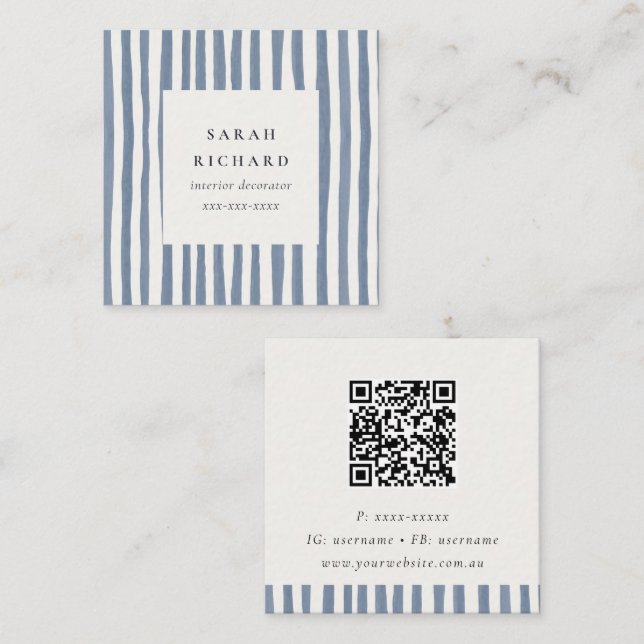 Boho Dusky Blue Hand Drawn Strips QR Code Quadratische Visitenkarte (Vorne/Hinten)