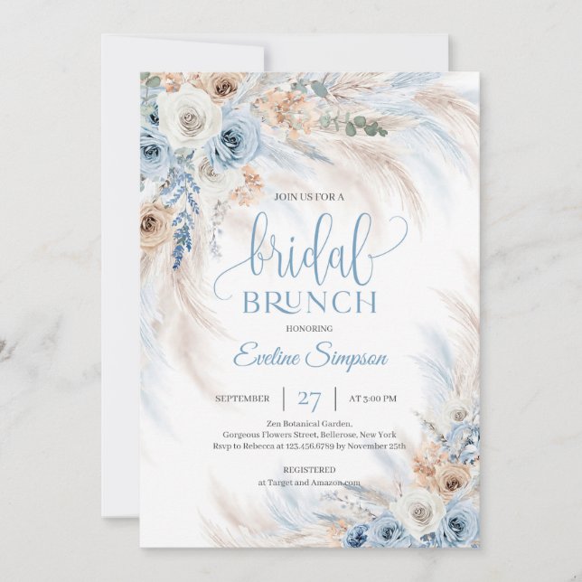 Boho Dusty blauen Blumen und Pampas Bridal Brunch Einladung (Vorderseite)