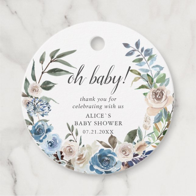 Boho Dusty Blue Beige Blume Babydusche Geschenkanhänger (Vorderseite)