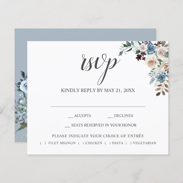 Boho Dusty Blue Beige Blume Script Wedding RSVP (Vorne/Hinten)