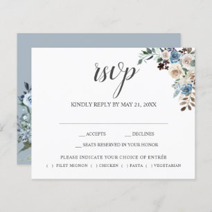 Boho Dusty Blue Beige Blume Script Wedding RSVP