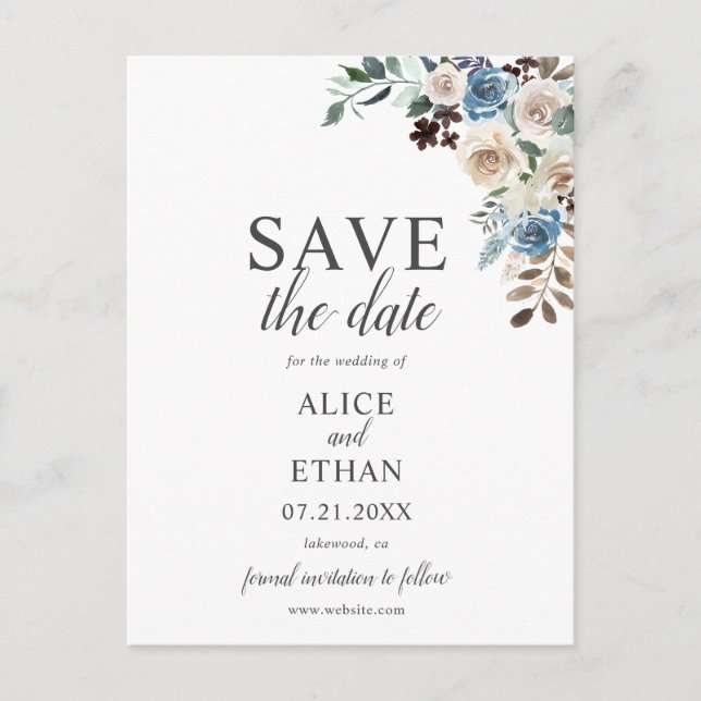 Boho Dusty Blue Beige Blume Wedding speichern das  Ankündigungspostkarte (Vorderseite)