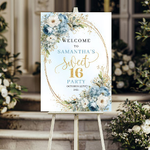 Boho Dusty Blue Blumen Gold Sweet 16 Willkommen Poster