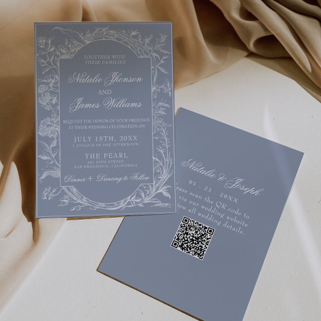Boho Dusty Blue Blumen QR Code Botanische Hochzeit Einladung (Von Creator hochgeladen)