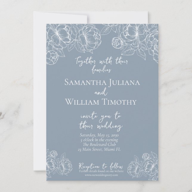 Boho Dusty Blue Botanical Floral Moderne Hochzeit Einladung (Vorderseite)