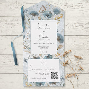 Boho Dusty Blue & Brown Floral Monogram QR Code All In One Einladung