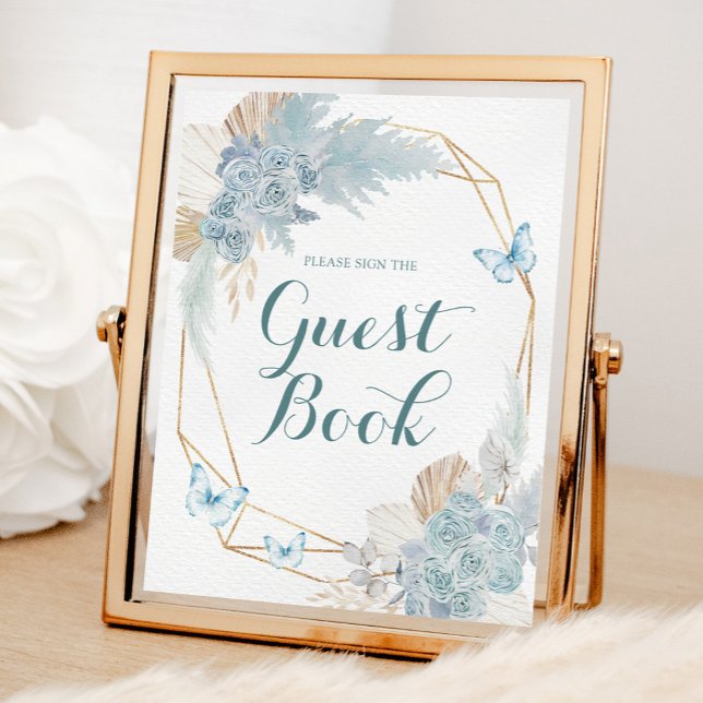 Boho Dusty Blue Butterfly Birthday Gästebuch (Von Creator hochgeladen)