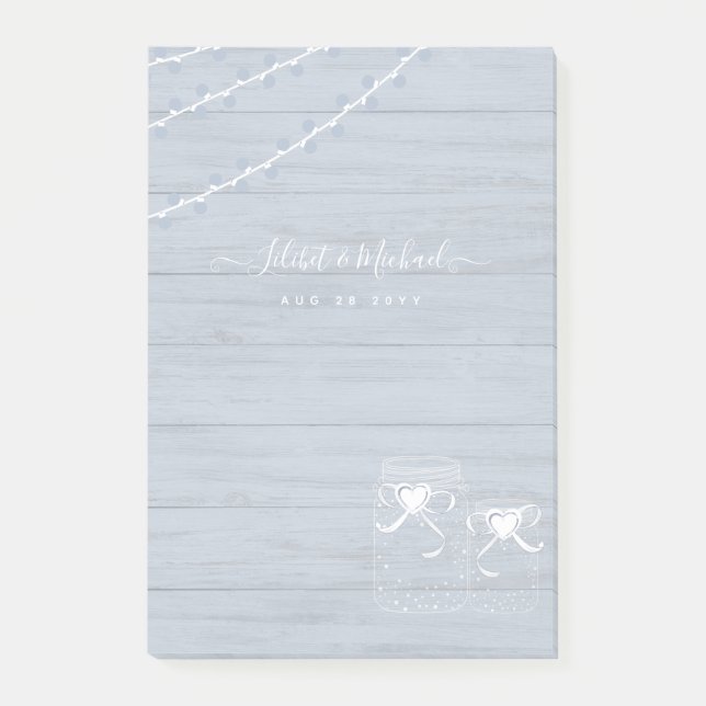 BOHO Dusty Blue Driftwood Mason Jars Wedding Post-it Klebezettel (Vorderseite)