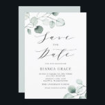 Boho Dusty Blue Eucalyptus Blätter Bat Mitzvah Save The Date<br><div class="desc">Save The Date! Ankündigung Ihrer Veranstaltung mit diesem anpassbaren Ankündigung Datum freihalten. Grüne Fledermaus mitzvah Einladung zeigt Aquarellfarben dusty blue eucalyptus Blätter mit einem whimsical Skript. Personalisieren Sie Ihre persönlichen Daten, indem Sie Ihre eigenen Daten hinzufügen. Dieser Eukalyptus Bat Mitzvah Save the Date ist perfekt für jede Jahreszeit und jedes...</div>