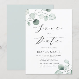 Boho Dusty Blue Eucalyptus Blätter Bat Mitzvah Save The Date