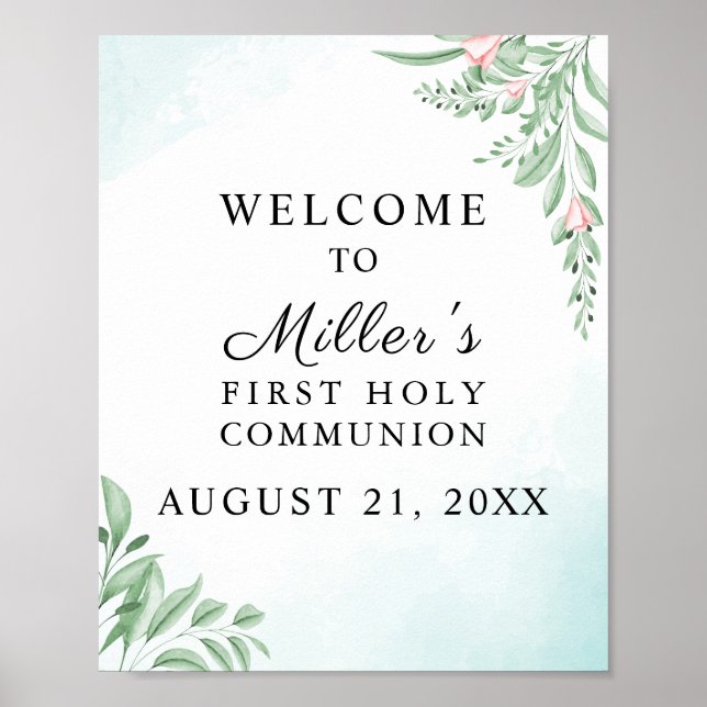 Boho Dusty Blue Eucalyptus Communion Willkommen Poster (Vorne)
