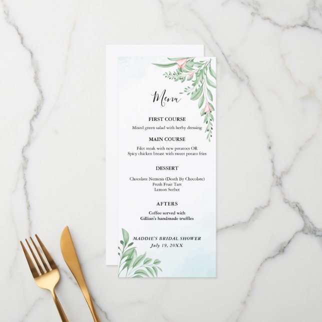 Boho Dusty Blue Eucalyptus Greenery Baby Shower Menükarte (Vorderseite/Rückseite Beispiel)