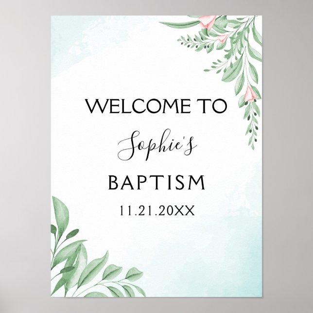 Boho Dusty Blue Eukalyptus Baptisse Willkommen Poster (Vorne)