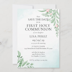 Boho Dusty Blue First Holy Communion Save The Date