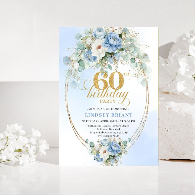 Boho Dusty Blue Floral 60th Birthday Invitation Einladung (Boho Dusty Blue Floral 60th Birthday Invitation)