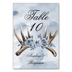 Boho Dusty Blue Floral and Deer Antlers Wedding Tischnummer