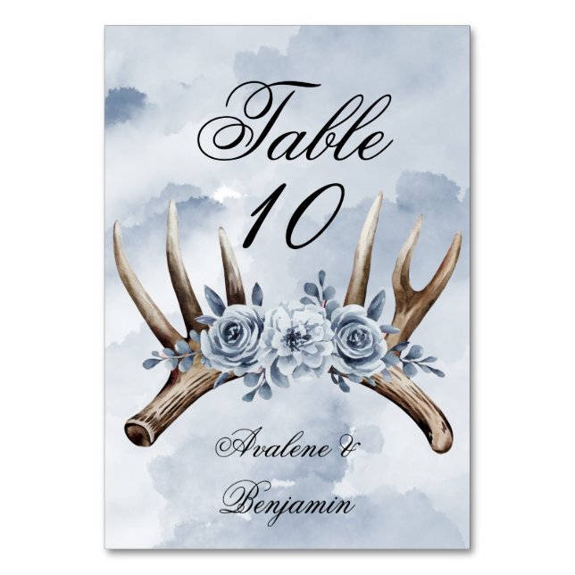Boho Dusty Blue Floral and Deer Antlers Wedding Tischnummer (Vorderseite)