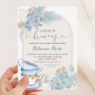Boho Dusty Blue Floral Baby wird Babydusche Einladung