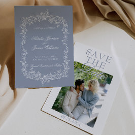 Boho Dusty Blue Floral Botanical Photo Wedding Save The Date