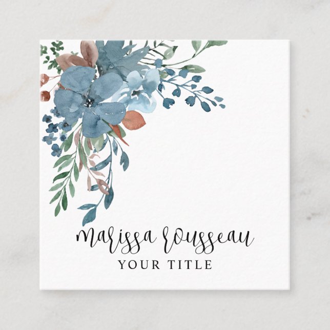 Boho Dusty Blue Floral Botanical Quadratische Visitenkarte (Vorderseite)