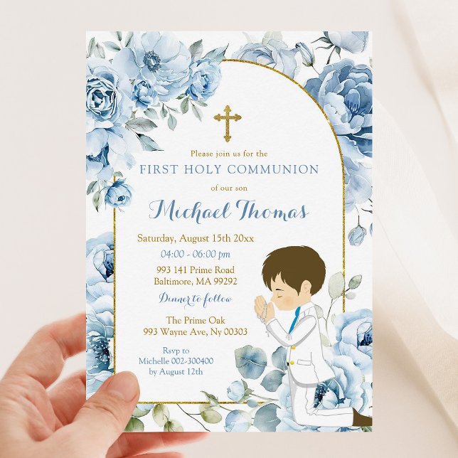 Boho Dusty Blue Floral Boy Gebet Erste Kommunion Einladung (Von Creator hochgeladen)
