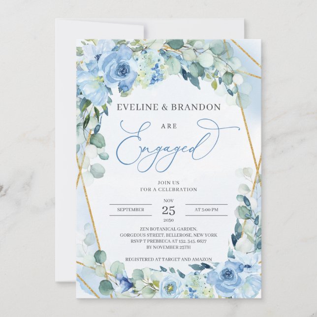 Boho Dusty Blue Floral Gold Geometric Frame Engage Einladung (Vorderseite)