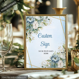 Boho Dusty Blue Floral Gold Glitzer Begrüßungszeic Poster