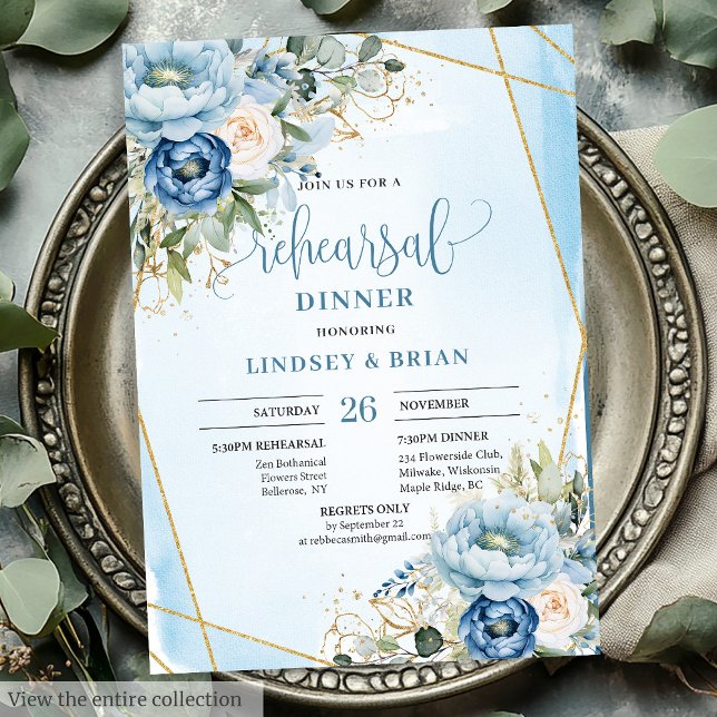 Boho Dusty Blue Floral Gold Probe Einladung (Elegant Dusty Blue Floral Gold Rehearsal Invitation)