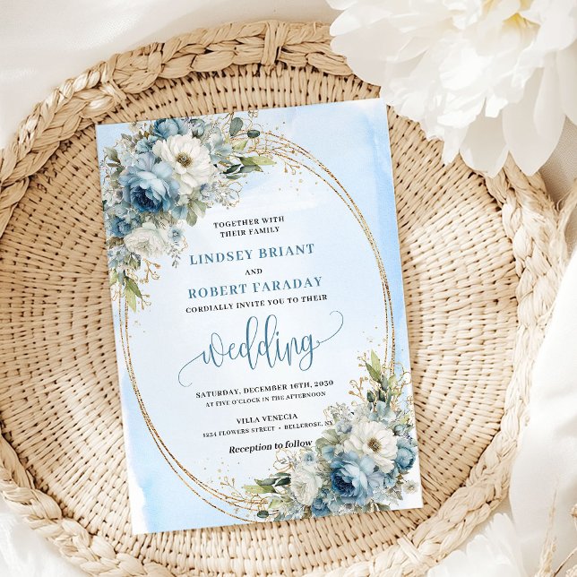 Boho Dusty Blue Floral Gold Wedding Invitation Einladung (Boho Dusty Blue Floral Gold Wedding Invite)