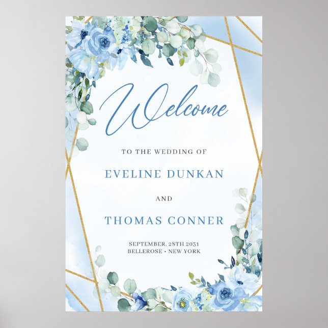 Boho Dusty Blue Floral Goldrahmen Hochzeit Begrüßu Poster (Vorne)