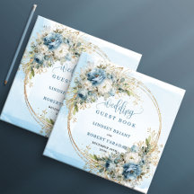 Boho Dusty Blue Floral Greenery Glitter Guest Book