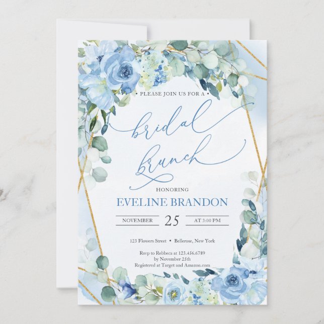 Boho Dusty Blue Floral Imitats Gold Geometric Brid Einladung (Vorderseite)