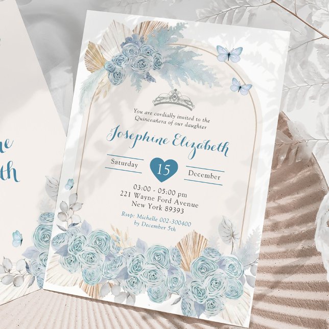 Boho Dusty Blue Floral Pampas Girl's Quinceañera Einladung (Von Creator hochgeladen)