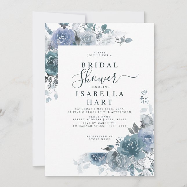 Boho Dusty Blue Floral Pastel Slate Brautparty Einladung (Vorderseite)