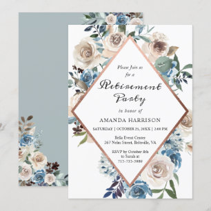 Boho Dusty Blue Floral Rose Gold Retirement Party Einladung