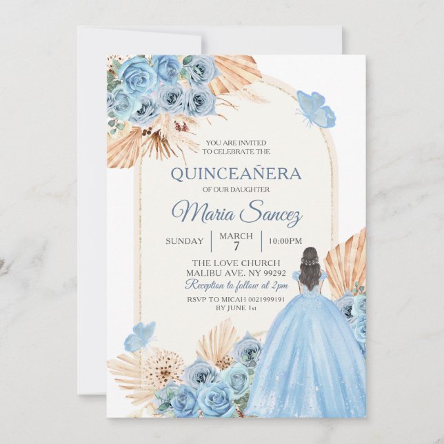 Boho Dusty Blue Floral Spanish Girl XV Años Invita Einladung (Vorderseite)