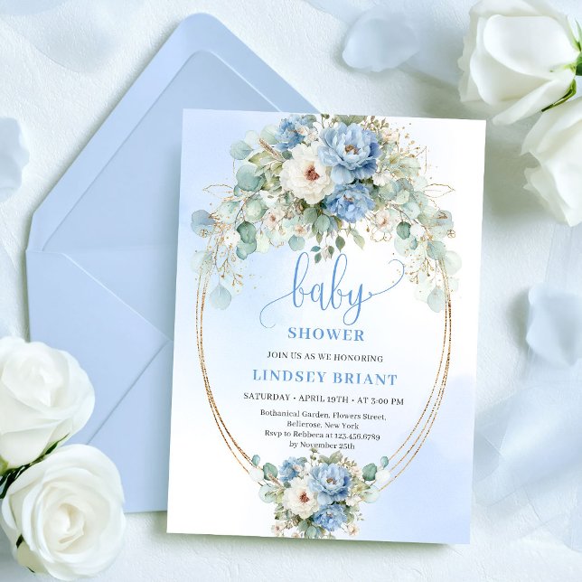 Boho Dusty Blue Flowers Eucalyptus Gold Baby Showe Einladung (Boho Dusty Blue Flowers Eucalyptus Gold Baby Shower)