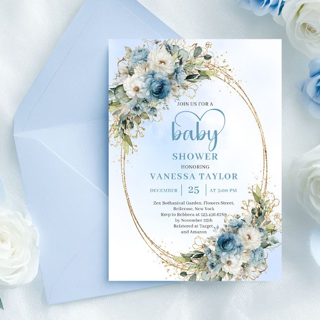 Boho Dusty Blue Flowers Gold Script Baby Shower  Einladung (Boho Dusty Blue Flowers Gold Script Baby Shower Card

)