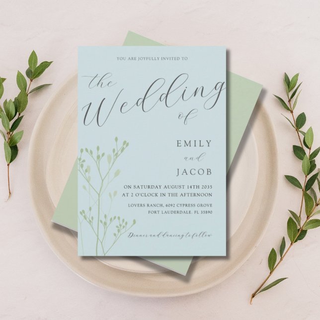 Boho Dusty Blue & Green Botanical Wedding Einladung (Von Creator hochgeladen)