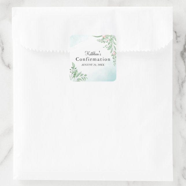 Boho Dusty Blue Greenery Erste Heilige Bestätigung Quadratischer Aufkleber (Tasche)